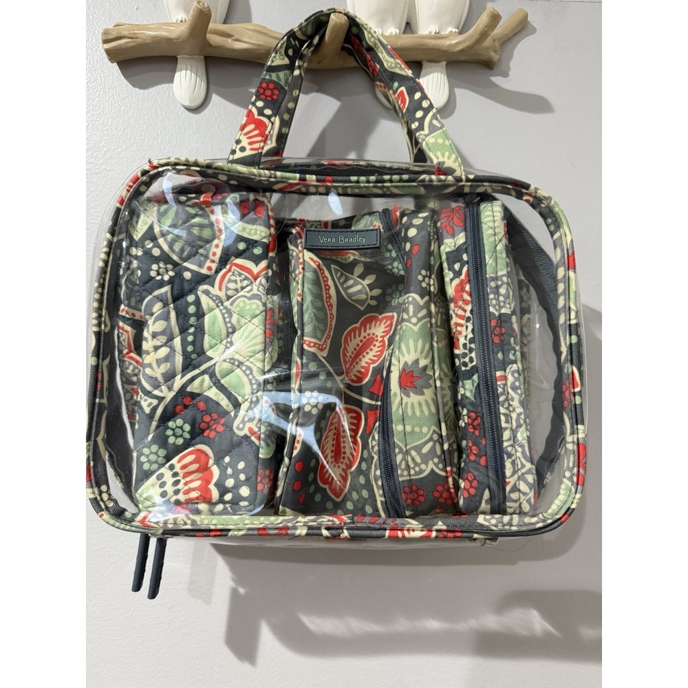 Vera Bradley Floral Clear Cosmetic Bag in Gray, Red & Green